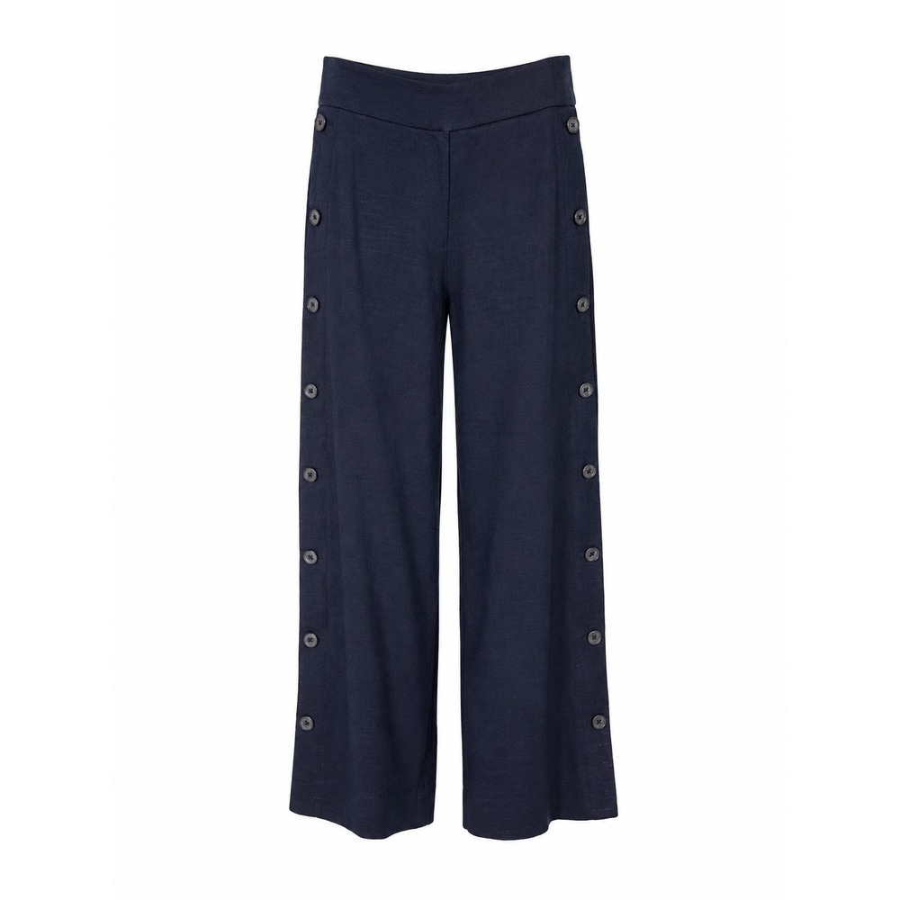 Rebecca Taylor Sailor Pants Navy Blue Button Side Wide Leg Linen Blend 6